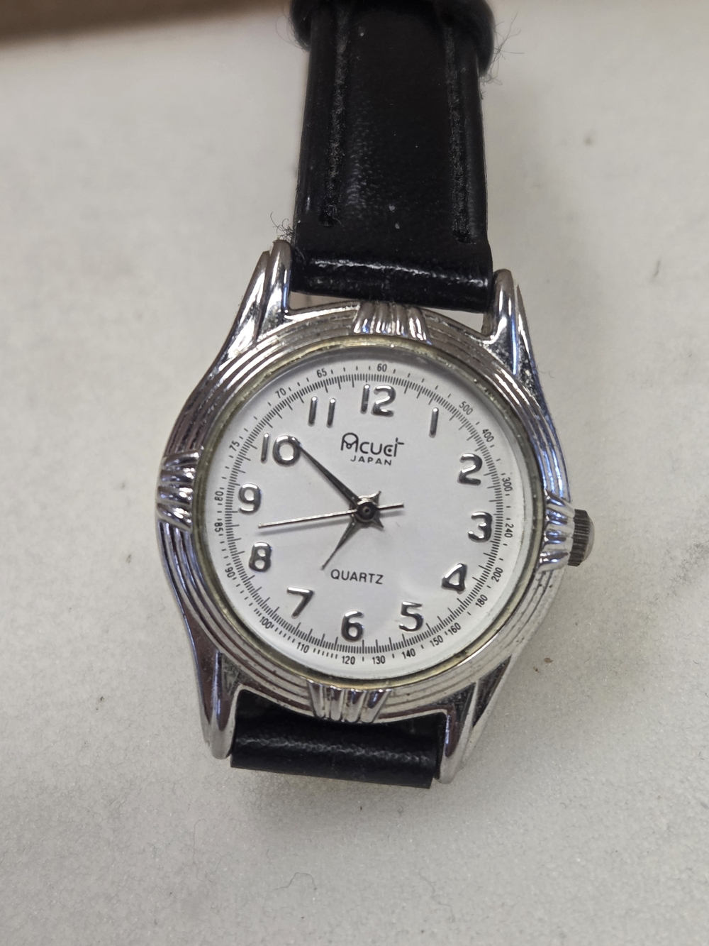 ACUEL WOMENS Silver Case Black Leather Strap Quartz Watch